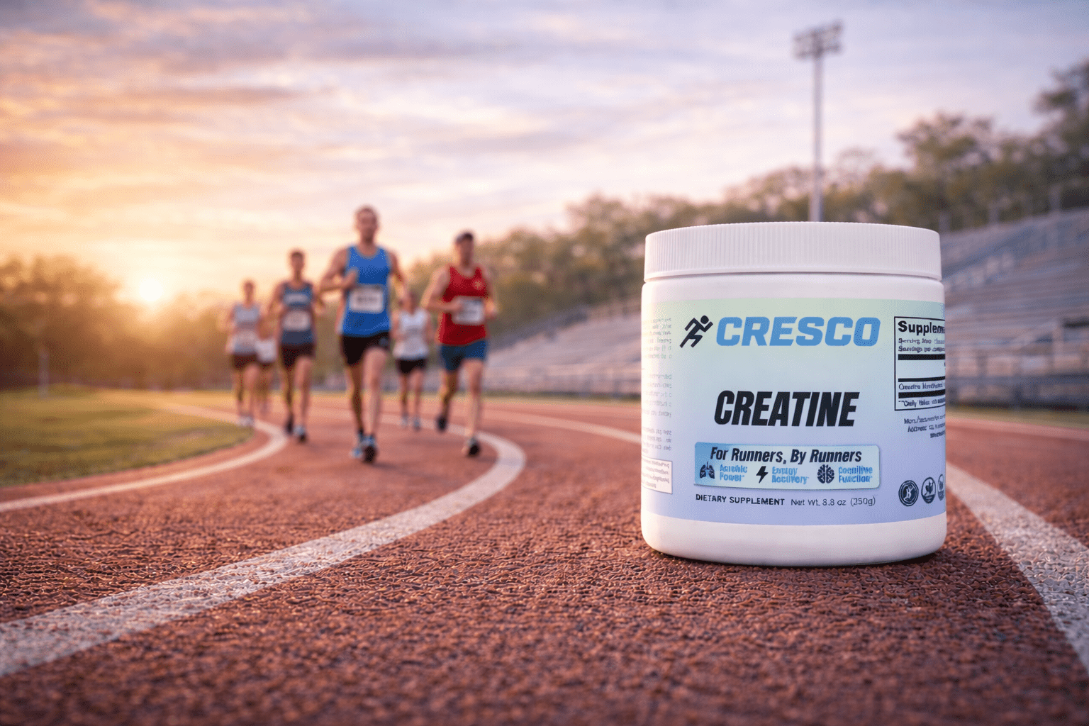 CRESCO creatine jar with runners on a track at sunset
