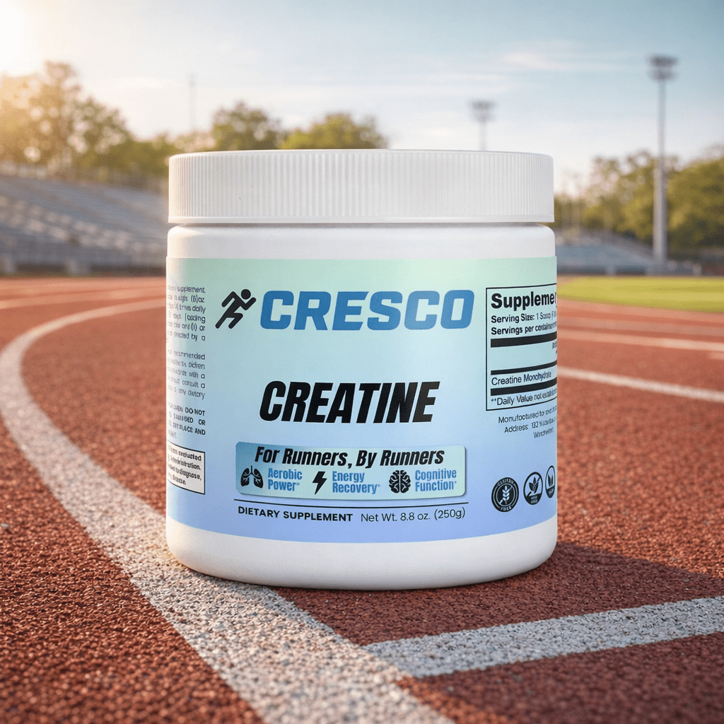 CRESCO creatine jar on a red running track