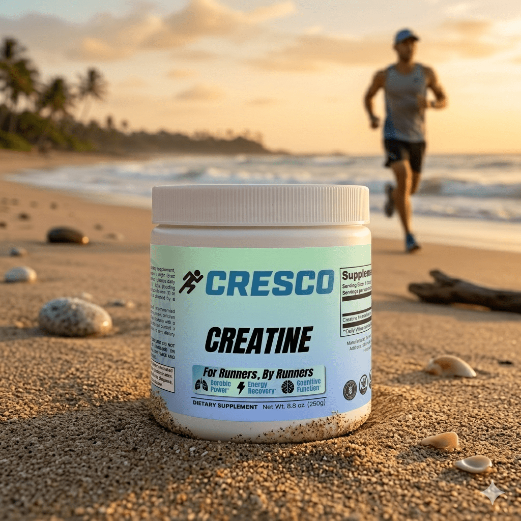 CRESCO creatine jar on a beach with a runner in the background