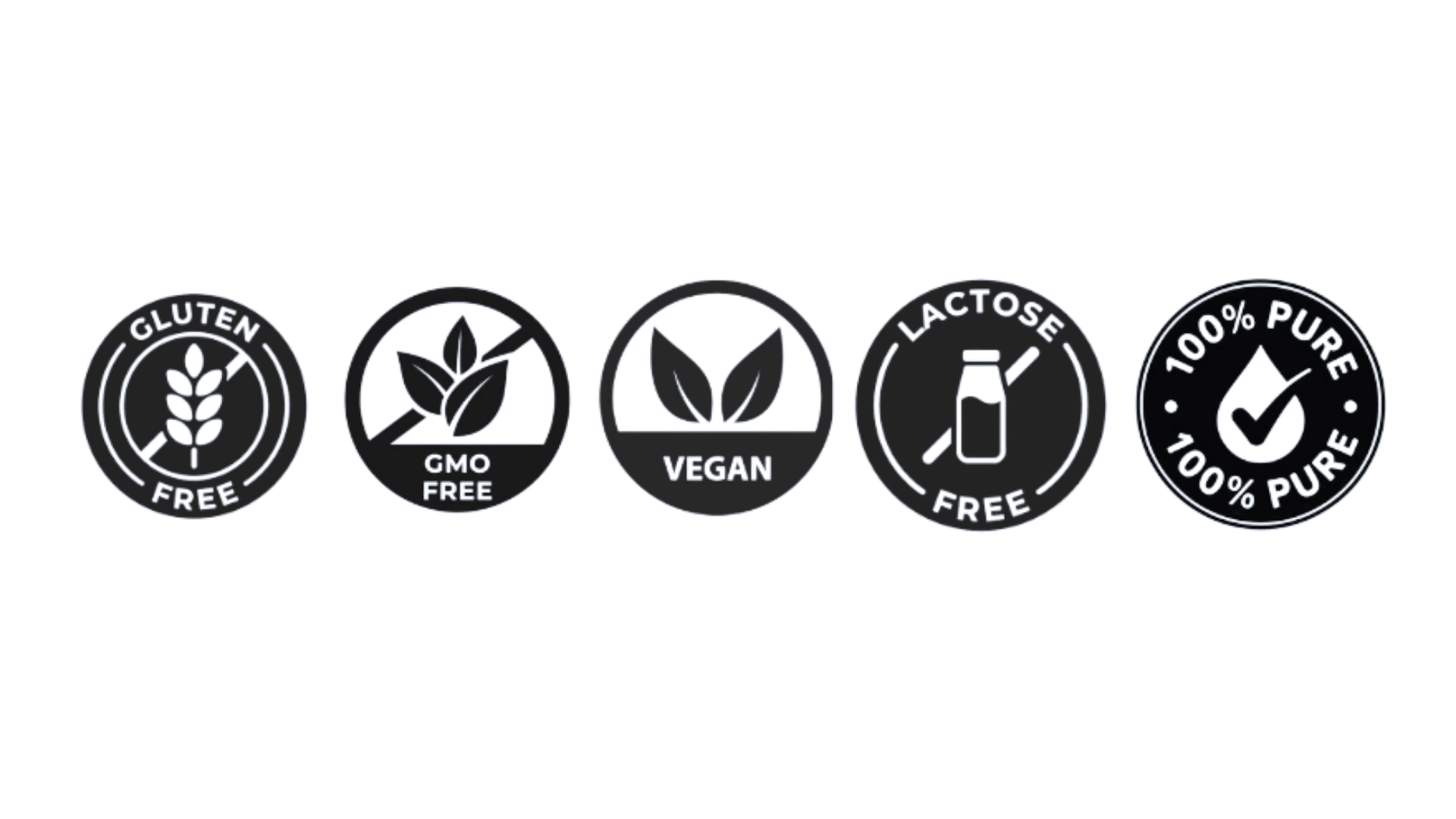 Gluten free, GMO free, vegan, lactose free, and 100 percent pure quality icons